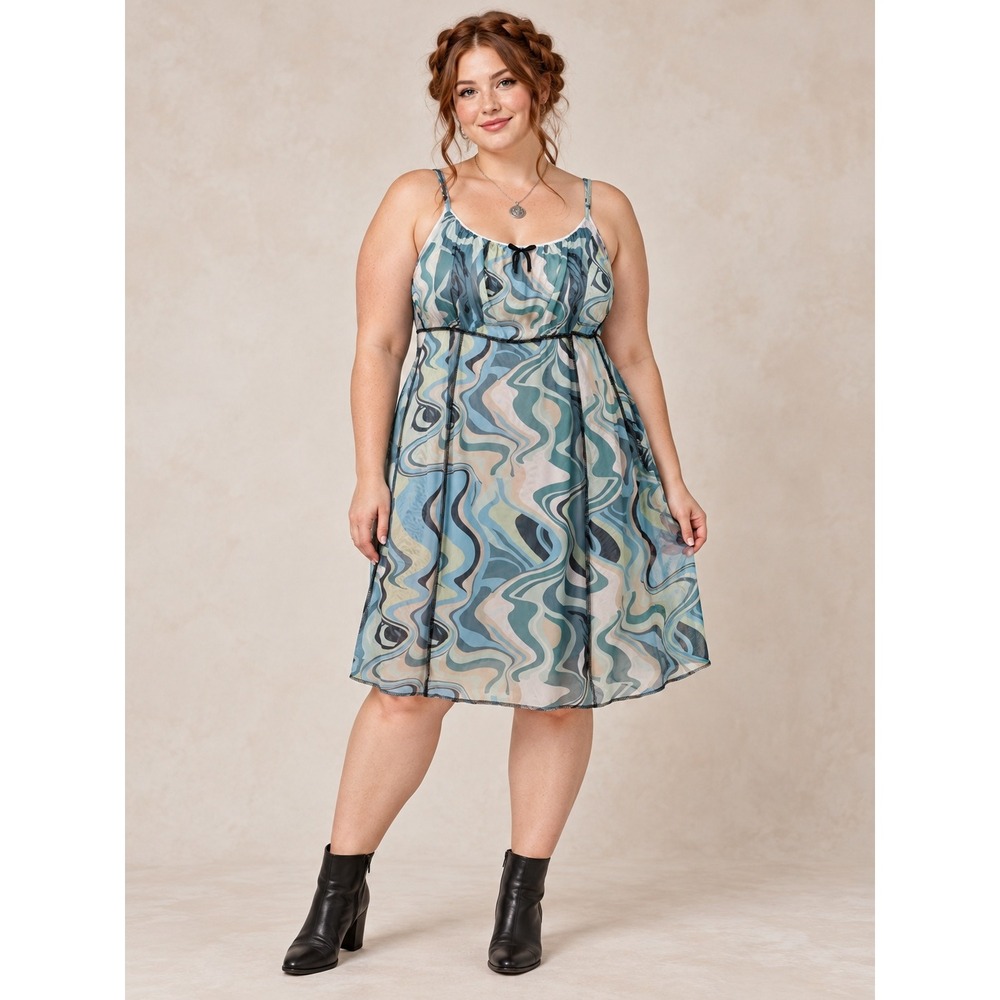 Boho Whimsigothy Y2K Festival Retro Blue Green Swirl Cami Mesh Midi 3X Dress